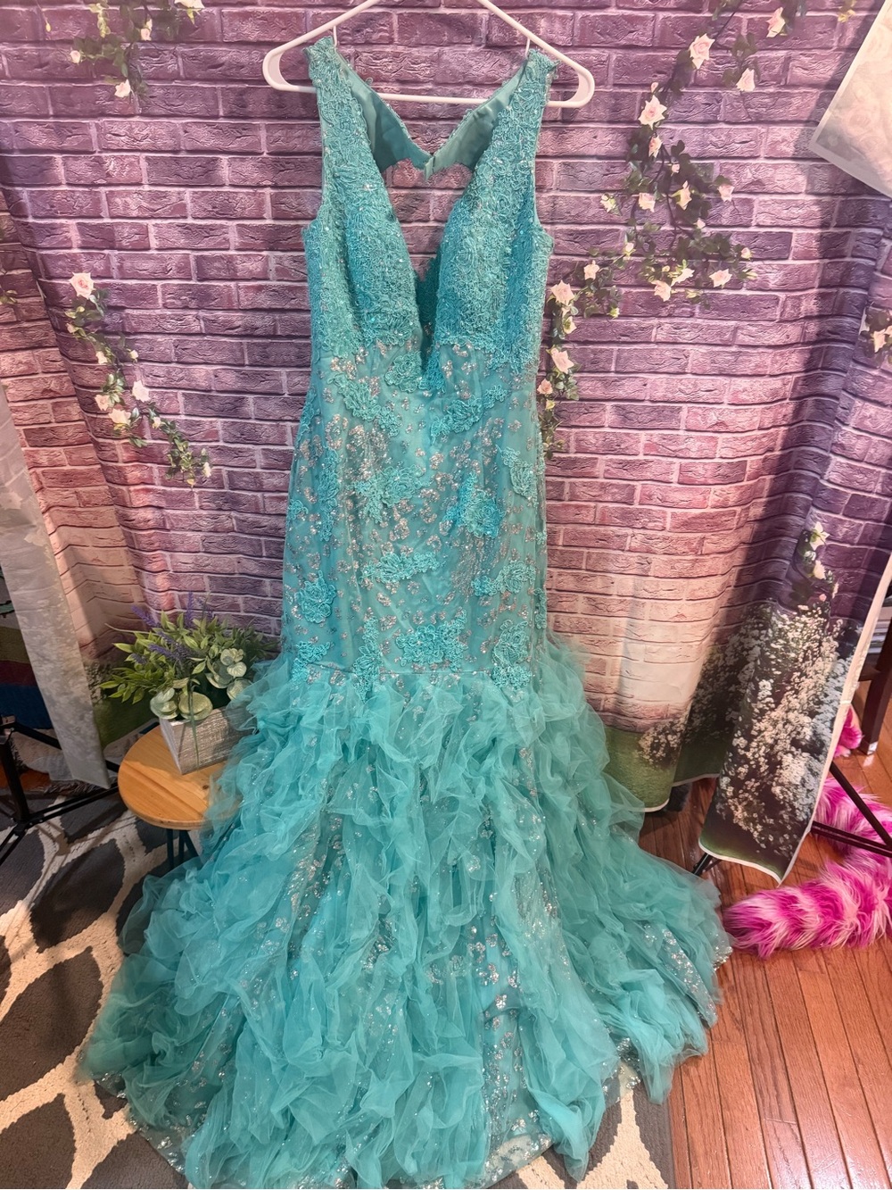 Aqua Ruffled Mermaid style Gown with Beaded Bodice prom dress worn once Ariel